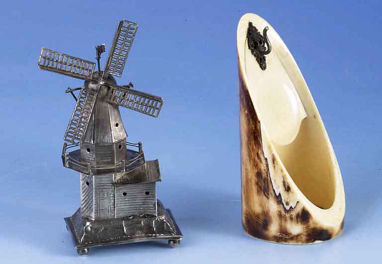 Miniatur-WindmÜhle, Silber, geprÜft, nach dem Vorbild um 1900, Windrad und Fahne beweglich, H ca. 12 cm