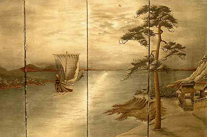 Wandbehang, Japan, um 1880, reine Naturseide, ca. 198 x 117 cm, Ehz 3-4, 4 teilig