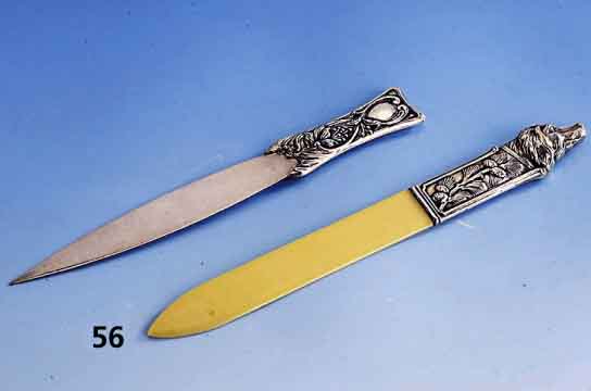Konvolut 2 BriefÖffner, 1 x deutsch, Alpacca, um 1900, reiner Jugendstil, Orivit (?), Schuß frÜhes Zellu- loid, 1 x Silber gepr., wohl ...