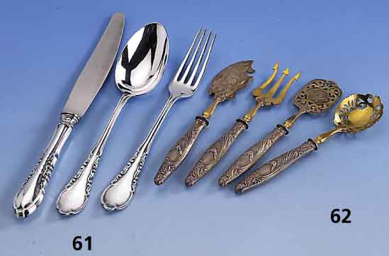 Besteck fÜr 6 Personen, 800er Silber, deutsch, Vertreiber Ganssen Coburg, 30er Jahre, best. aus: 6 Messer, 6 Gabeln, 6 LÖffel, total ca. 795 g ...