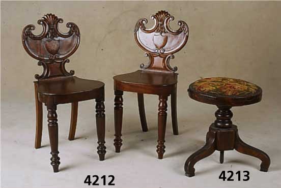 2 StÜhle, England, um 1860, Nußbaum massiv, reich gedrechselt, FrÜhbarockstil, RÜcken aus dem Vollholz geschnitzt, gemaltes Wappen, zeigt Arm ...