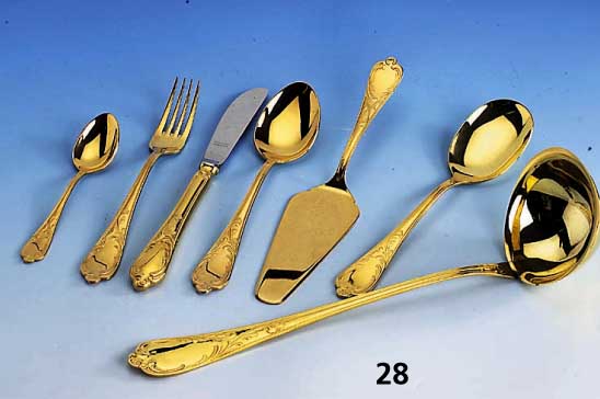 Besteck fÜr 12 Personen, 23/24 kt hart- vergoldet, Barockstil, best. aus: 12 Messer, 12 LÖffel, 12 Gabeln, 12 Kaffee- lÖffel, 12 Kuchengabeln, ...