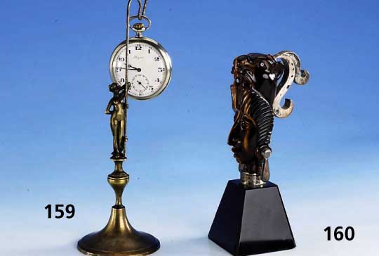 TaschenuhrstÄnder in der Art des Jugenstils, Bronze, anhÄngende Taschenuhr Longines, Metall, generalÜberholt, H ca. 20 cm
