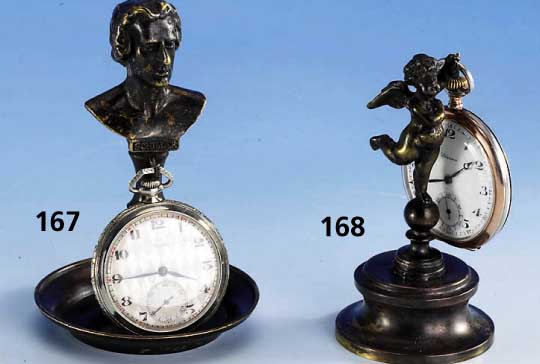 TaschenuhrstÄnder "Schiller", Bronze, anhÄngende Taschenuhr Zenith, Metall, generalÜberholt, H ca. 12 cm