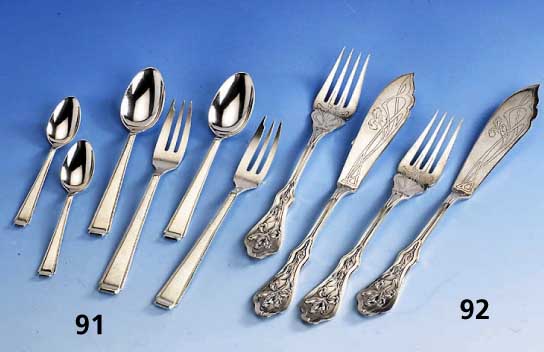 Fischbesteck fÜr 4 Personen, WMF um 1900, Legierung Brittania, Entwurf fÜr die Weltausstellung in Paris, hergestellt bis 20er Jahre, reiner ...