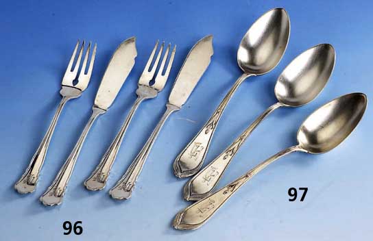 6 MenuelÖffel, deutsch um 1900, reiner Jugendstil, Entwurf Hugo Leven 1902, 800er Silber, AusfÜhrung Koch & Bergfeld, Vertreiber J.A.E., ...