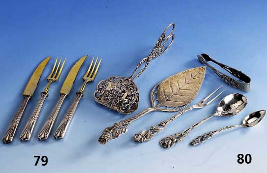 Obst- bzw. Dessertbesteck fÜr 6 Personen, WMF um 1900, Legierung I/O, Gebrauchsteile Metall vergoldet, klassizistischer Dekor