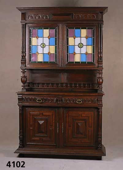 Aufsatzschrank, Niederlande, um 1890/1900, Korpus Weichholz, Buche und Eiche, Front mit freistehenden bzw. aufgesetzten SÄulen, auf Rahmen ...