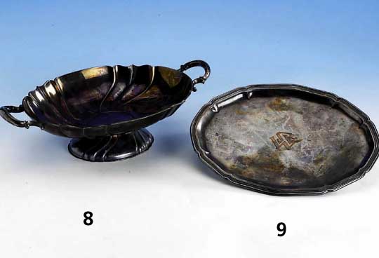 Fußanbietschale, deutsch, Koch & Bergfeld, 800er Silber, barockisierend, ca. 480 g, reinigungsbed. (angelaufen), 2 Griffe, ca. 10 x 35 x 20 cm