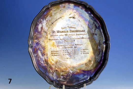 Rundes Tablett, deutsch Wilkens Bremen, 925er Silber, Vertreiber W. Lameyer, Barock- stil, Spiegel mit Widmung: Widmung an Prof. Wihelm ...