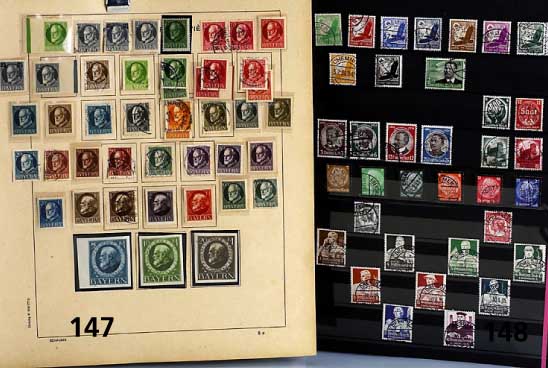 Bayern, interessante Sammlung auf alten Alben- blÄttern, mit 14 Werten der Quadrat-Ausga- ben beginnend, Hauptgewicht und umfangreich die ...