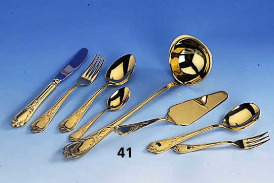70-teiliges Besteck, 24 kt hartvergoldet, Barockstil, best. aus: 12 Messer, 12 Gabeln, 12 LÖffel, 12 KaffeelÖffel, 12 Kuchengabeln, ...