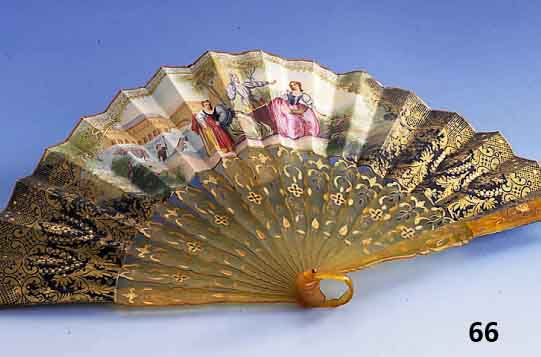 FÄcher, deutsch um 1870/80, gelbliche KunststoffstÄbe graviert, Papier- bespannung bunt bemalt, Gouachemalerei, 1 x mit Schloß, 1 x Italien, ...