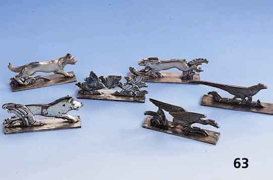 6 MesserbÄnkchen, Frankreich um 1900, Metall versilbert, Meistermarke JB unged., berieben, versch. Jagdmotive: Wild- schwein, Gans, Fuchs, ...