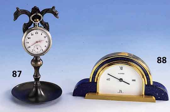 TaschenuhrstÄnder, Bronze patiniert, Oberteil Lyraform, anhÄngende Taschenuhr, Metall, Überholungsbed., H ca. 16 cm
