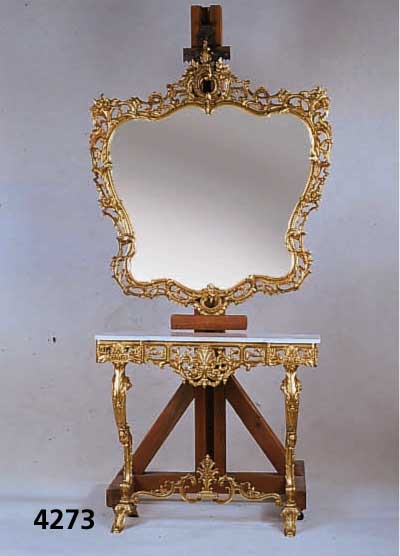 Konsole und Spiegel, Rokokostil, nach italienischem Vorbild, im Stil des 18. Jhds., Bronze, Marmorplatte, ausladend, verspiegelt, reiche ...