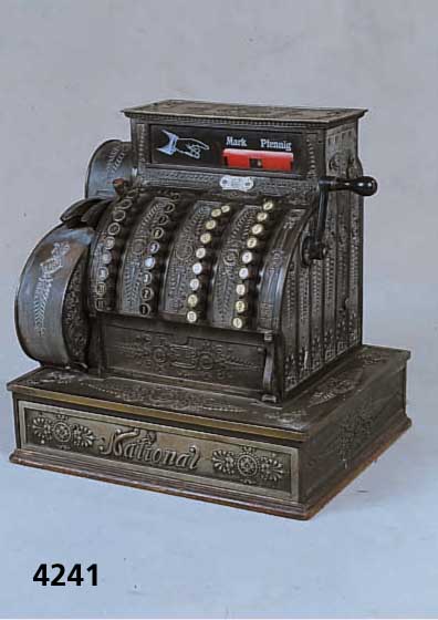 Kasse, deutsch, um 1910, National, Kasten Holz, Gelb-/Weißguß, klassizistische Ornamen- tierung, Mechanik ÜberprÜft, Gebrauchsspuren, ca. ...