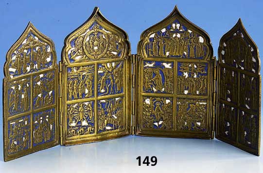 Tetraptychon, Rußland um 1840, Bronze, blau und weiß emailliert, Maße ca. 17 x 40 cm, sammelw., museal