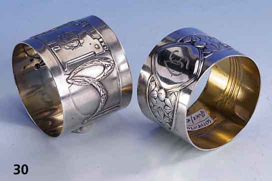 Konvolut 2 Serviettenringe, deutsch um 1900/ 10, 1 x Grimminger Pforzheim, Durchm. ca. 4.6 mm, Bes.-Monogr., 800er Silber; 1 x WMF, Metall ...