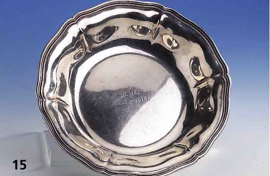 Anbietschale, 800er Silber, deutsch, Koch & Bergfeld, datiert 16. Mai 1893-1918, ca. 450 g, D. ca. 25 cm, Vertreiber Ohlenschlager & Riemann