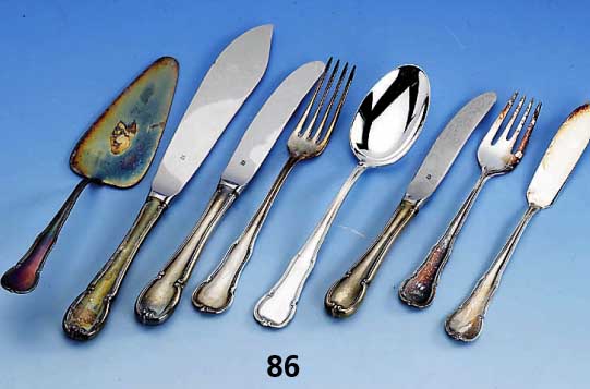 Besteck fÜr 12 Personen, WMF, 800er Silber, best. aus: 12 Menuemesser (Griffe gefÜllt, Klingen Stahl), 8 Menuegabeln, 12 Menue- lÖffel, 12 ...