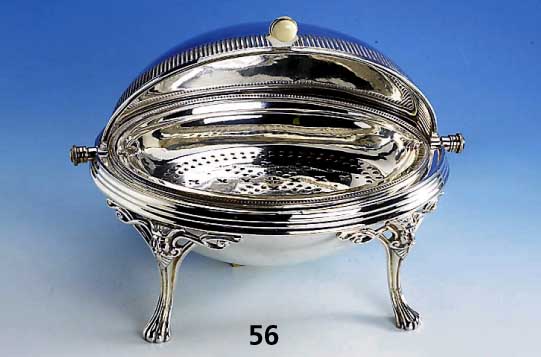 Warmhalte-Terrine, 30er Jahre, Metall versilbert, Meistermarke EPNS, 4 Klauen- fÜße mit Maskeron, Schaleneinsatz mit Perl- leistenverzierung, ...