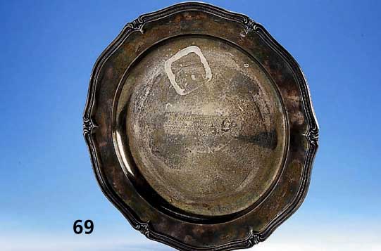 Gedenkteller, Wilkens Bremen, 30er Jahre, 835er Silber, Spiegel mit Widmung von der Fa. Agfa an einen Mitarbeiter zum Geburtstag 1947, ...