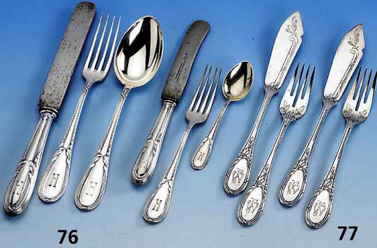 35-teiliges Besteck, deutsch um 1900, 800er Silber, Meistermarke BSF, reiner Jugendstil, Bes.-Monogr. H., best. aus: 6 Messer (Griffe gefÜllt, ...
