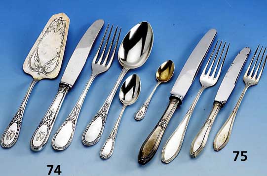 Besteck fÜr 6 Personen, deutsch um 1900, 800er Silber, BÄnderdekor, sparsam floral verziert, Meistermarke R. KÖberlin, DÖbeln i.Sa., best. ...