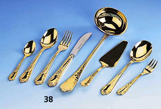 70-teiliges Besteck fÜr 12 Personen, 24 kt hartvergoldet, Barockstil, best. aus: 12 Messer, 12 Gabeln, 12 LÖffel, 12 Kaffee- lÖffel, 12 ...