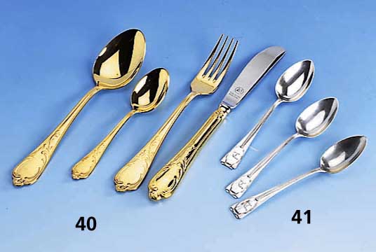 Besteck fÜr 12 Personen, 24kt hartverg., Solingen, best. aus: 12 Menuemesser, 12 Menue- gabeln, 12 MenuelÖffel, 12 KaffeelÖffel, 12 ...