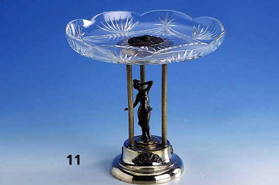 Anbietschale, WMF-Warschau um 1906, Metall versilbert, Glasaufsatz sek., Mittel- teil stehender Frauenakt, sehr dekorativ, H ca. 24 cm
