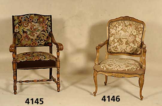 3 Barockarmlehnsessel, deutsch, um 1920/30, Gestell Nußbaum und Buche massiv, alter Gobe- linbezug aus der Zeit, Gestell reich verziert, ...