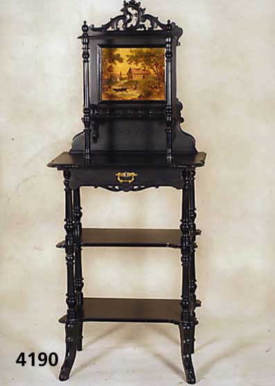 Etagère, deutsch, um 1890/1900, Linde und Buche massiv, geschwÄrzt, Barockstil, reiche Drechselarbeit, mit Galerien, Schublade, be- maltes ...