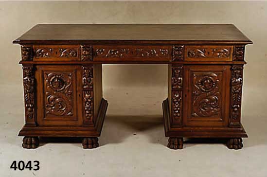 Schreibtisch, Belgien/Niederlande, um 1900, Renaissancestil, Eiche massiv, Eichefurnier, z.T. auf Rahmen gearbeitet, Front mit reicher ...