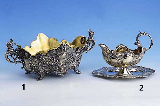 Sauciere auf integr. Unterteller, deutsch um 1880, 800er Silber, reich floral und mit Rocaillen verziert, ca. 460 g, H ca. 17 x 22 x 15 cm