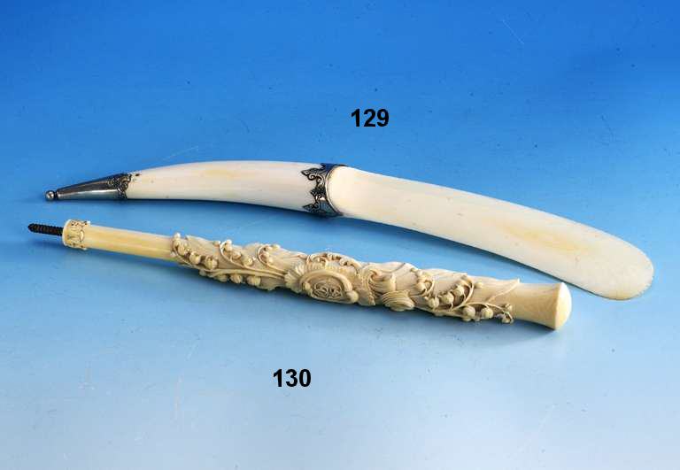 BriefÖffner, Walrosszahn, um 1900, Silberappliken, z.T. graviert, Gebr.- spuren, L ca. 33 cm