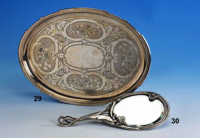 Handspiegel, Jugendstil, wohl deutsch um 1900, Silber, geprÜft, Glas mit Facettschliff, typ. Jugendstilmotiv, sehr dekorativ, L. ca. 24.5 cm