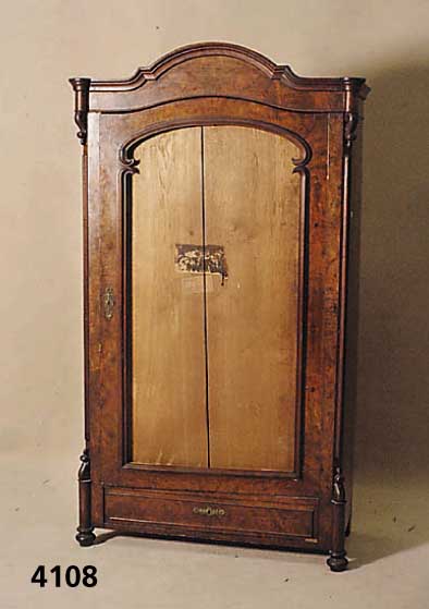 1-tÜriger Kleiderschrank, um 1890/1900, Korpus Weichholz und Eiche, Wurzelnußfurnier, z.T. gespiegelt, original Spiegelglas fehlt, ...