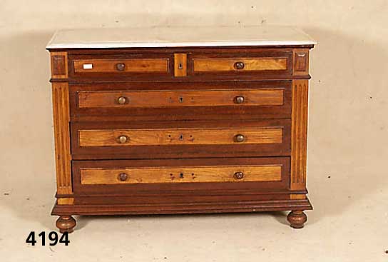 Kommode, deutsch, um 1900, Buche massiv, hell und dunkel gebeizt, fÜnf Schubladen, Marmorplatte, leichte Gebrauchsspuren, viel- fach verwendbar, ...