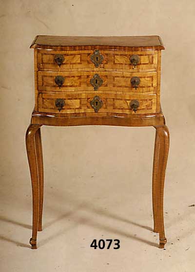 Modellkommode, sÜddeutsch, um 1750/60, wohl Kurpfalz, Korpus Weichholz, doppelt geschweift , schÖne Spannung, Nußbaum- und Wurzelnußfur- nier, ...