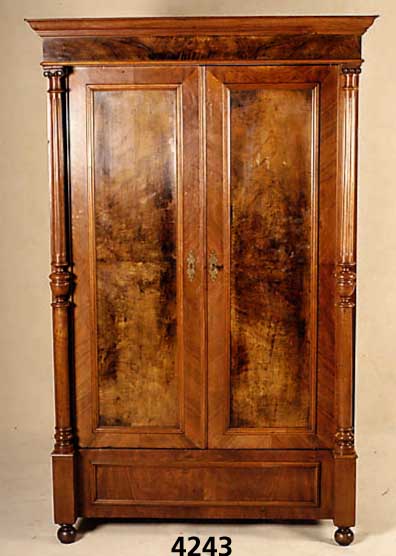 GrÜnderzeitschrank, deutsch, um 1890/1900, Korpus Weichholz, Mahagoni- und Wurzelnußfur- nier gespiegelt, bzw. Inlets Bergahornfurnier ...