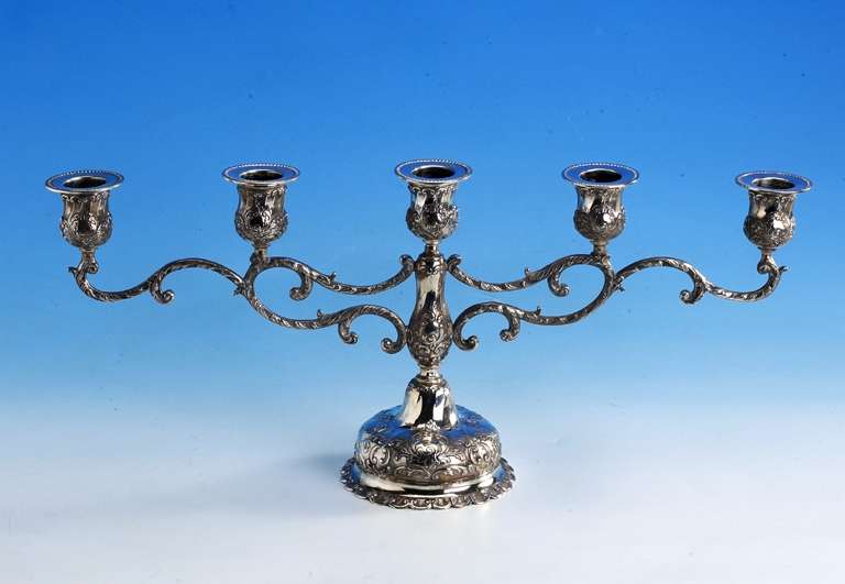 Kerzenleuchter, deutsch, Hanau 60er Jahre, Meistermarke CW ligiert, 835er Silber, floral verziert, 5 Brennstellen, ca. 800 g, H ca. 22 cm, B ca. ...