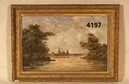 Naturlandschaft, deutsch um 1930, Dorf mit See, Rahmen beschÄdigt, Öl auf Leinwand, Ge- brauchsspuren, ca. 49x74 cm