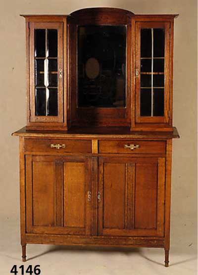 Aufsatzbuffet, Belgien um 1910, Jugendstil, Eiche massiv, facettierte GlaseinsÄtze und Spiegel, Gebrauchsspuren, ca. 193x120x52 cm