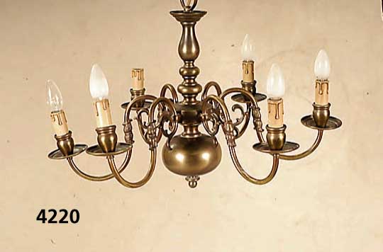 HÄngelampe, deutsch, 60er Jahre, Messing, Barockstil, patiniert, 6 Brennstellen, zeit- typisch, H. ca. 52 cm, D. ca. 66 cm