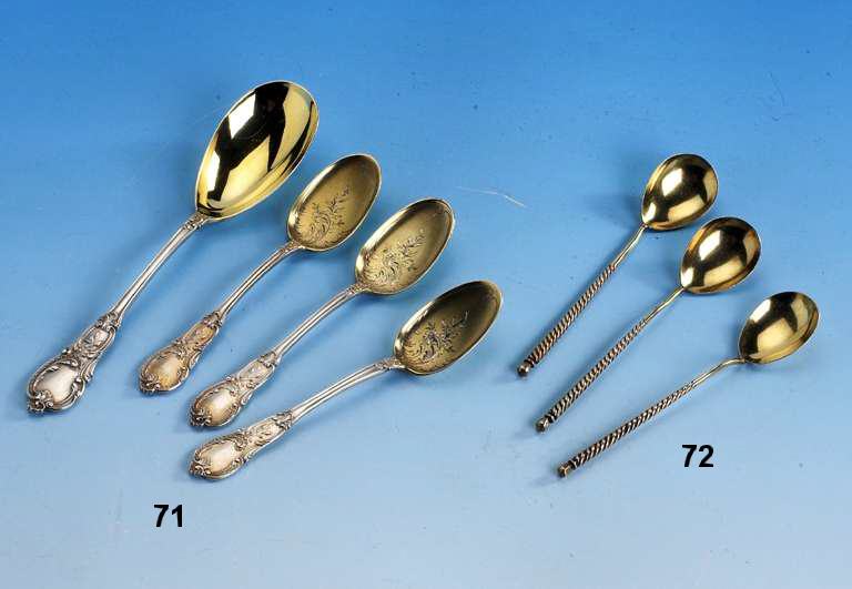 6 TeelÖffel, Rußland nach 1965, 84er Silber vergoldet, guodronierter Stil, L. ca. 14 cm