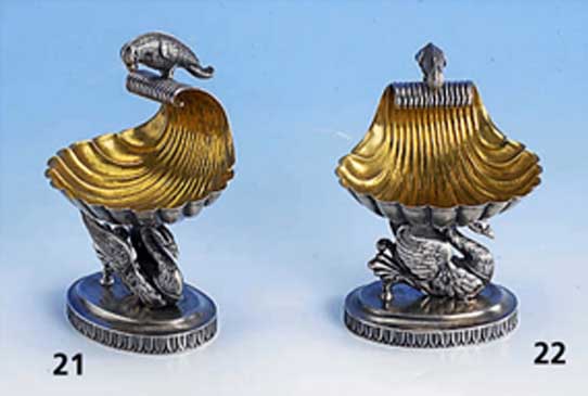 SalzschÄlchen, Warschau 1815/20, Meister: Malcz, 12-lÖtig, schwere Qual., Schwan Schale haltend, mit Papagei als Habe, teil- verg., museal, ...