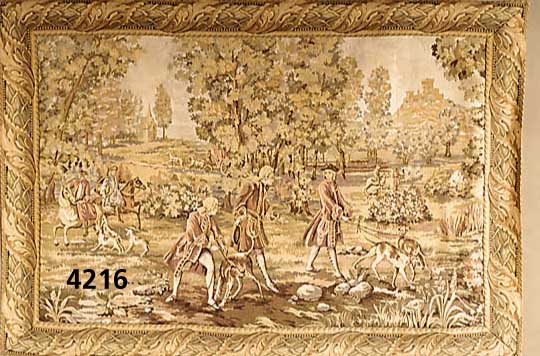 Webbild, nach Vorbild eines franz. Gobelin d. 17. Jhd., Jagdgesellschaft in idealer Land- schaft, feine pastelle Farben, Maße ca. 170x 118 cm