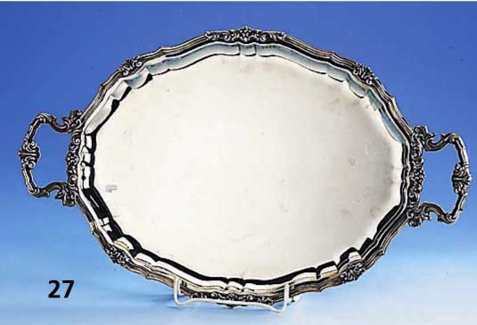 Tablett, 800er Silber, Meistermarke R + S, bez handgearbeitet, Barockstil, Muschel- und Akanthusblattverzierung, 2 Griffe ca. 46 x 28 cm, total ...